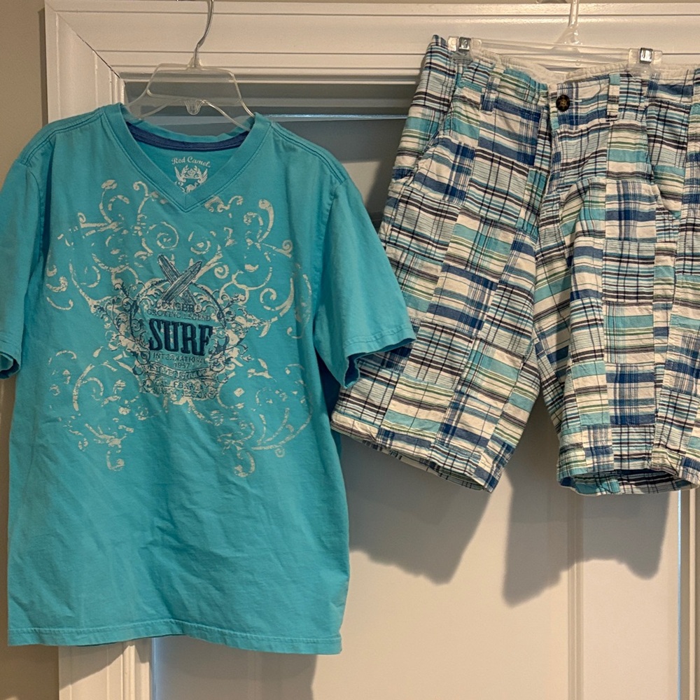 Red Camel Blue Plaid Front & Back Pocket, Zip Shorts. Blue V-Neck Shirt